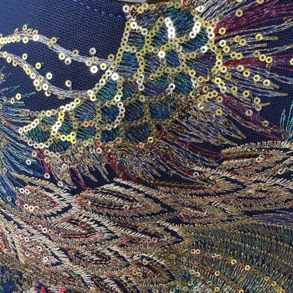 Blue Tote Hand Bag with Intricate Phoenix Design and Side Beads. - Picture 11 of 11